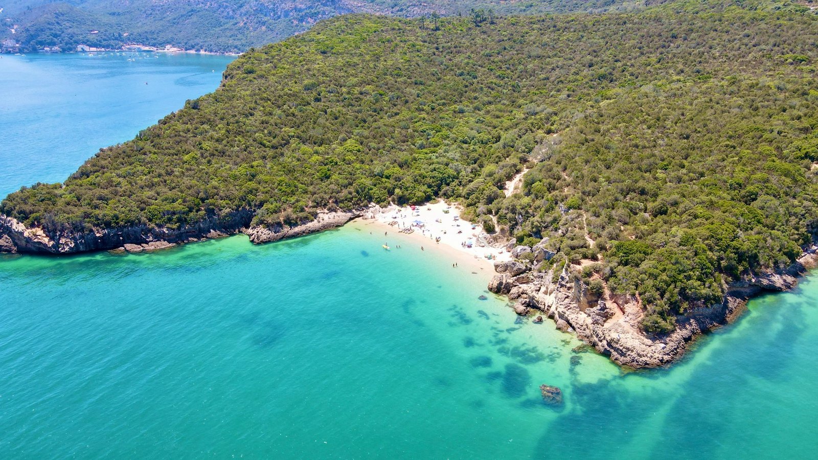 Aerial view of the wooded Arrábida coastline and turquoise sea near Setúbal