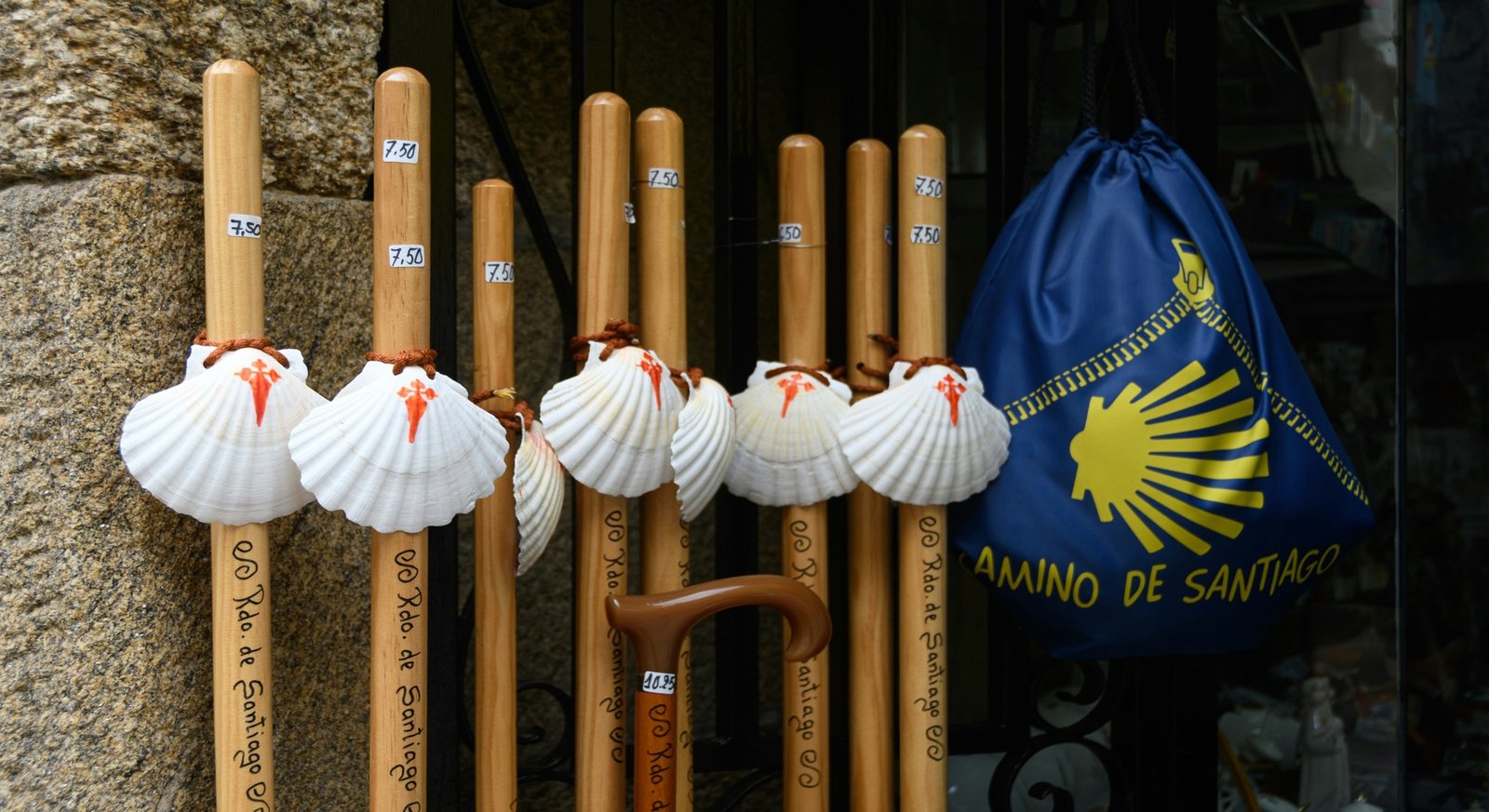 Scallop shells and walking staffs associated with the Camino de Santiago
