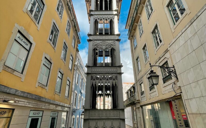 The iron structure of the Santa Justa Lift rises above central Lisbon.