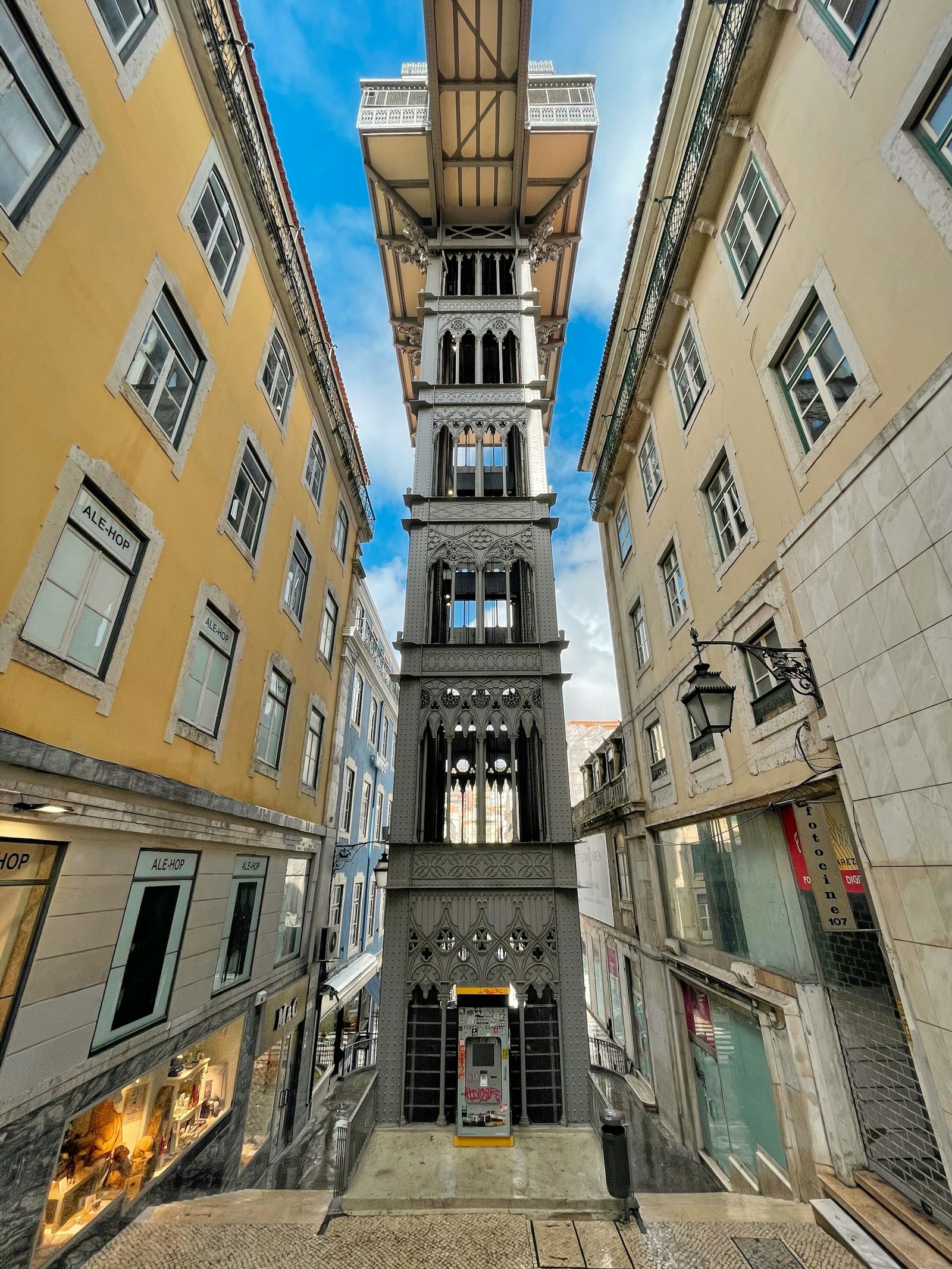 The iron structure of the Santa Justa Lift rises above central Lisbon.