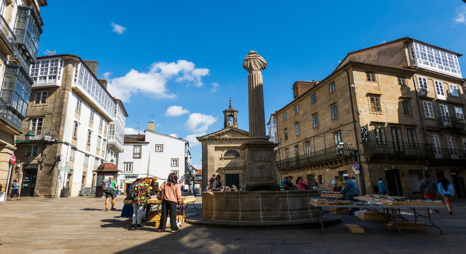 Historic square and scallop-shell fountain in Santiago de Compostela