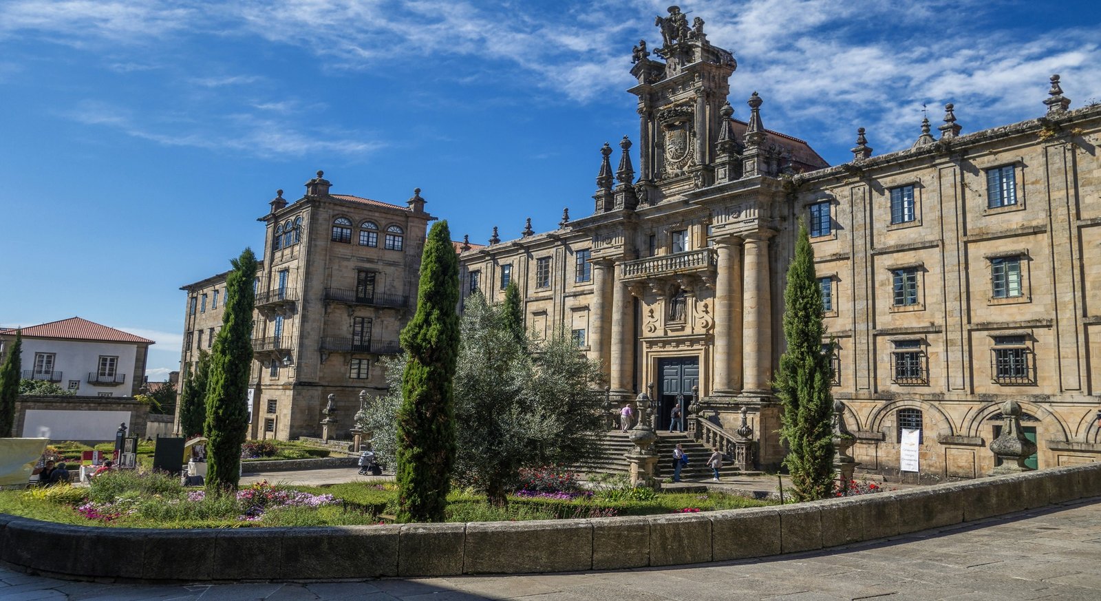 Historic stone façade and gardens in Santiago de Compostela