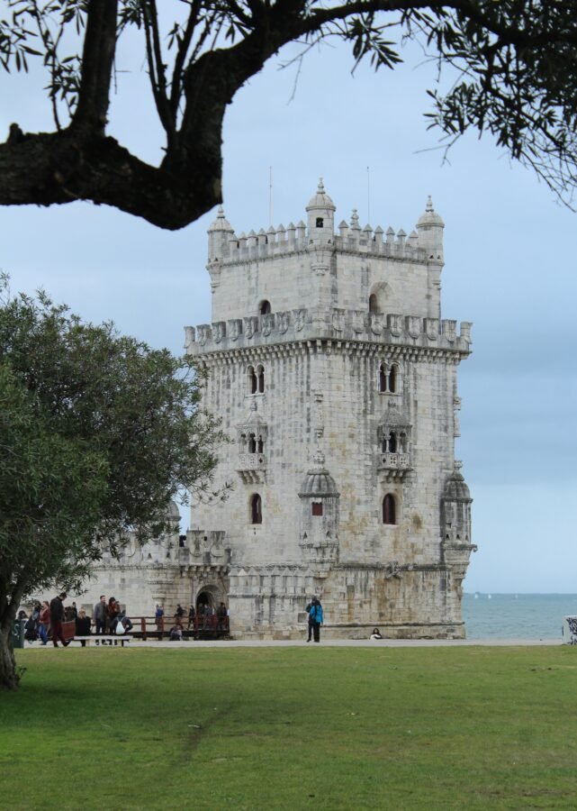 Belém Tower viewed from behind a tree, with lawn in the foreground.