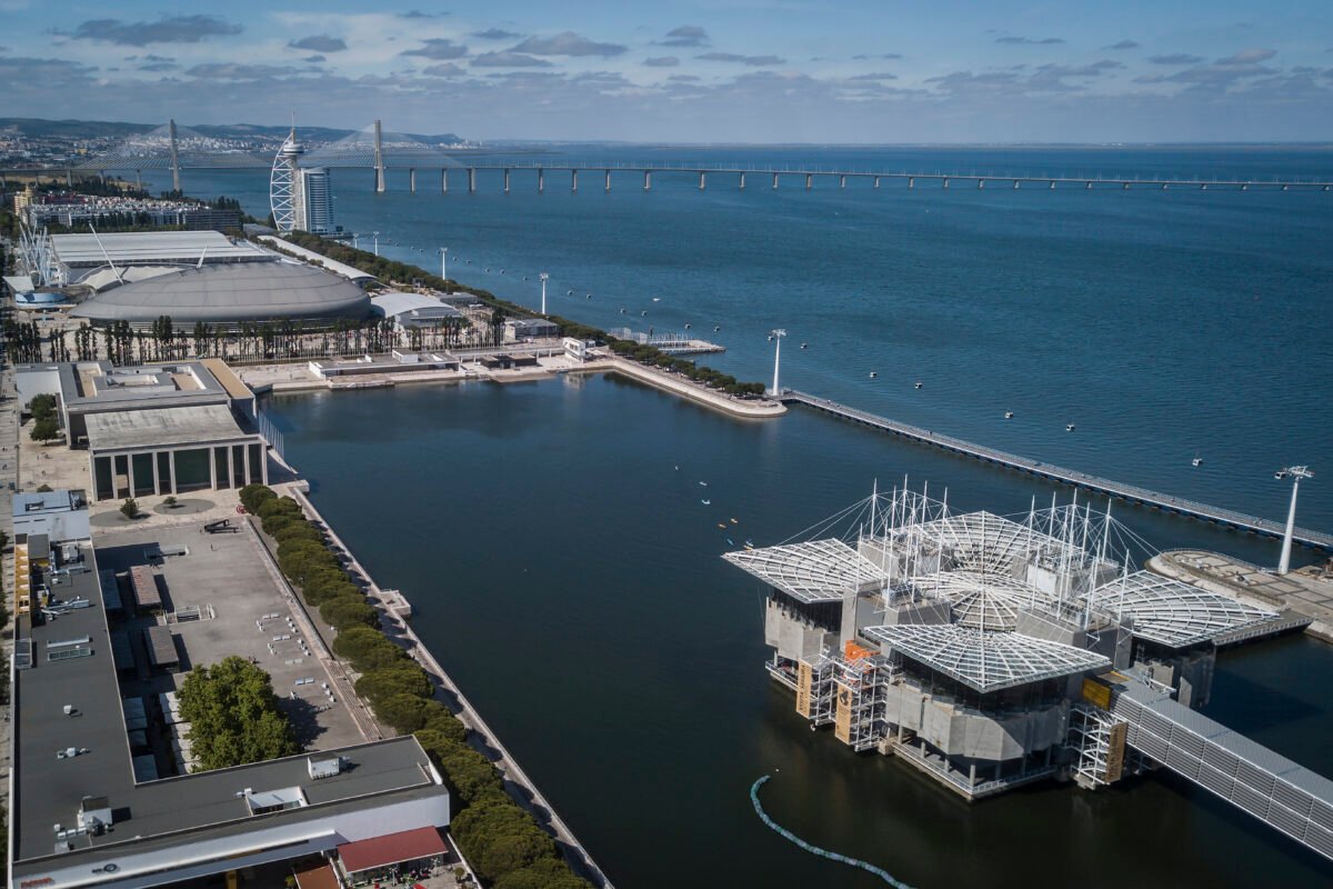 Aerial view of Lisbon Oceanarium beside the Tagus in Parque das Nações.