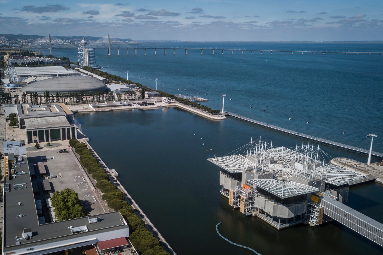 Aerial view of Lisbon Oceanarium beside the Tagus in Parque das Nações.