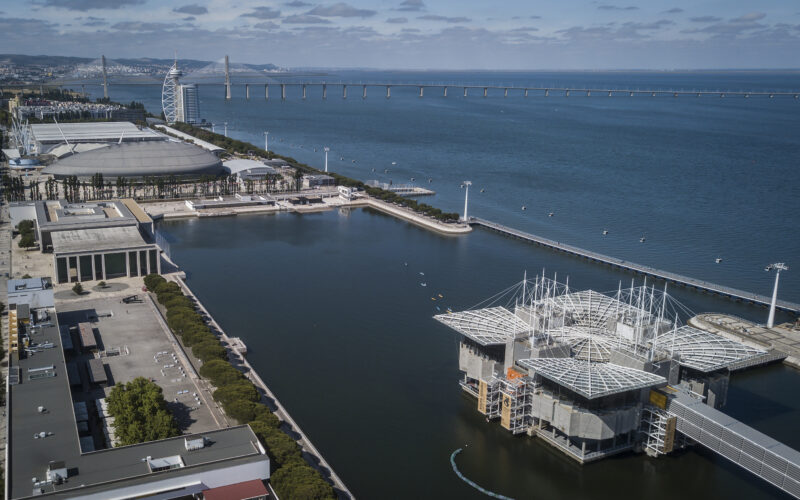 Aerial view of Lisbon Oceanarium beside the Tagus in Parque das Nações.