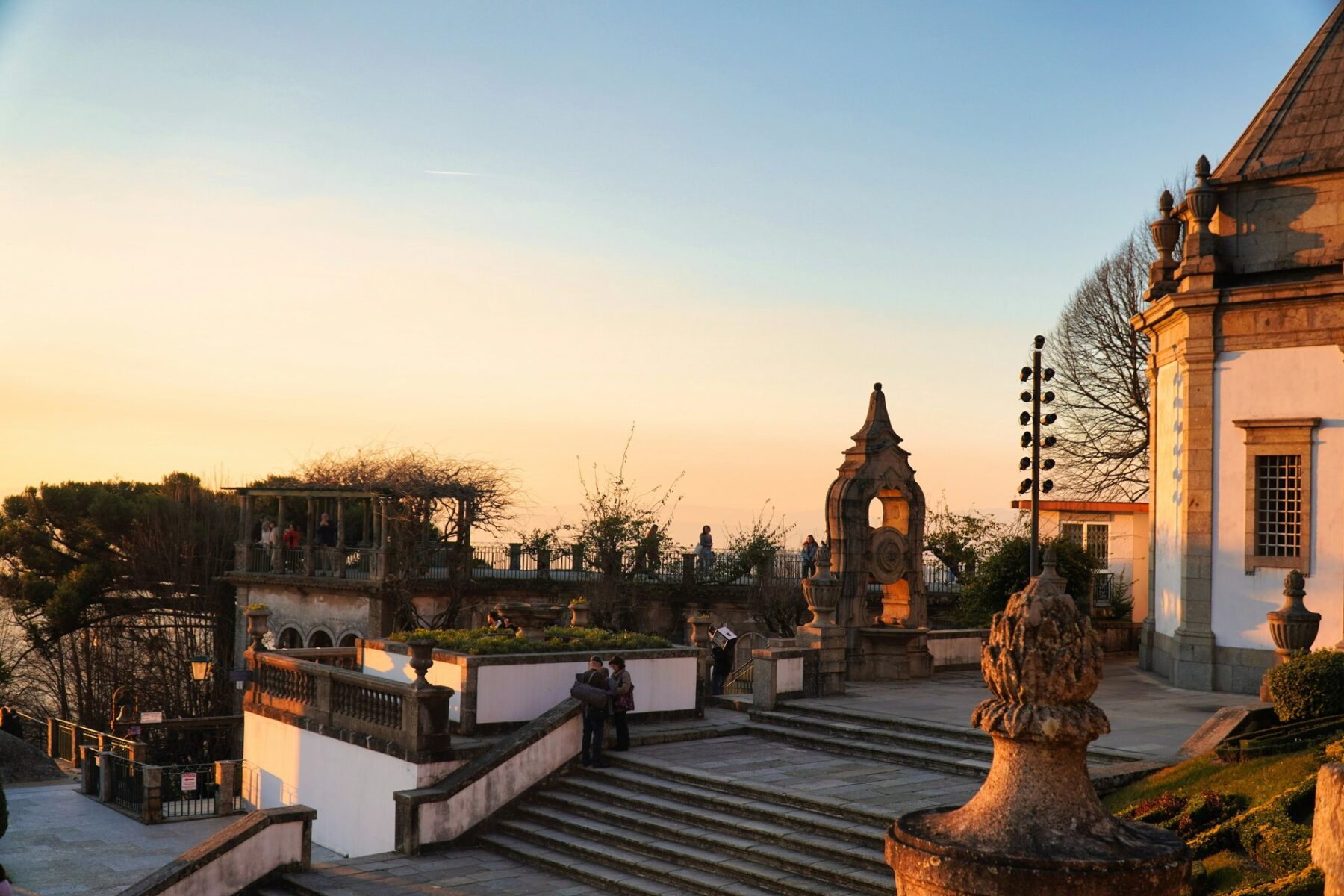 Terrace and stone balustrades at Bom Jesus do Monte in Braga at sunset