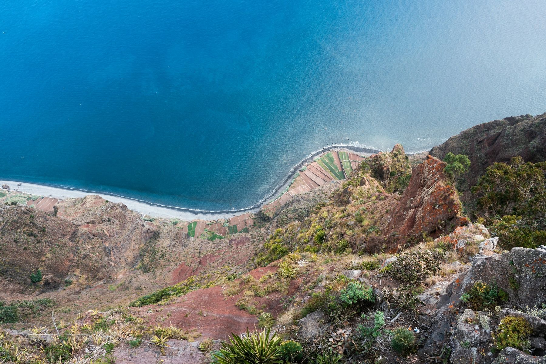 Coastal farmland and the Atlantic seen down the steep cliff at Cabo Girão